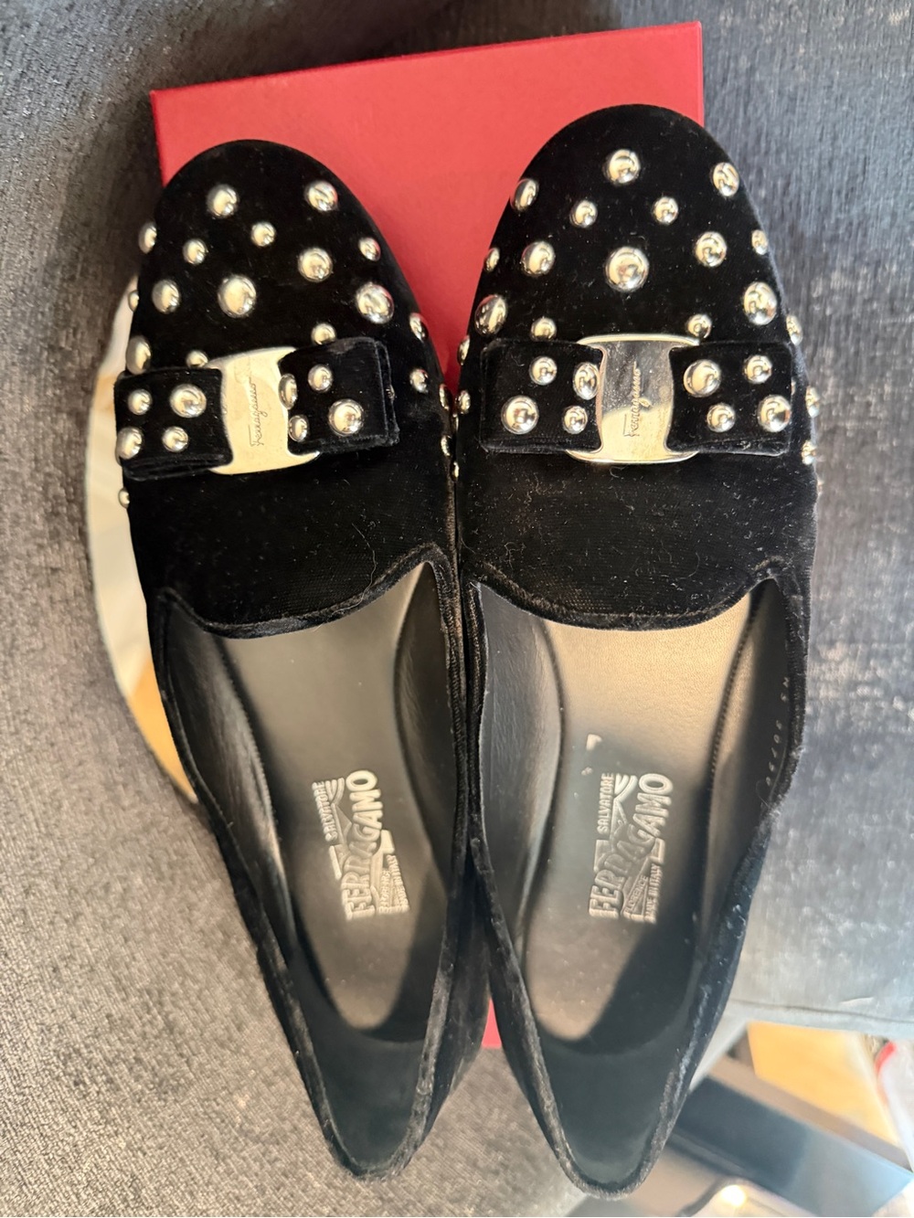 Salvatore Ferragamo Black Velvet Studded Bow Flats with Metallic Logo - Picture 8 of 9